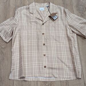 $860 Mens BURBERRY Vintage Check Pattern SS Button Up Shirt Soft Fawn Small